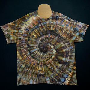 Another example of a different, finished Earthy Neutral Ice Dyed Spiral T-Shirt design before shipping; to depict how much each made-to-order tie dye design may vary