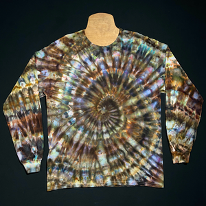 A brown & gray earthy toned long sleeve ice tie-dyed shirt design; laid flat on a solid black background.