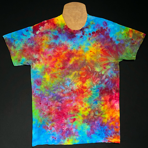 The melted marbled rainbow splatter ice tie-dyed pattern features an array of blue, pink & yellow shades; reminiscent of superman ice cream