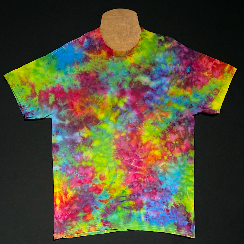 An example of another, different superman ice cream inspired splatter pattern ice tie-dyed t-shirt design; featuring a dreamy array of blue, pink & yellow shades