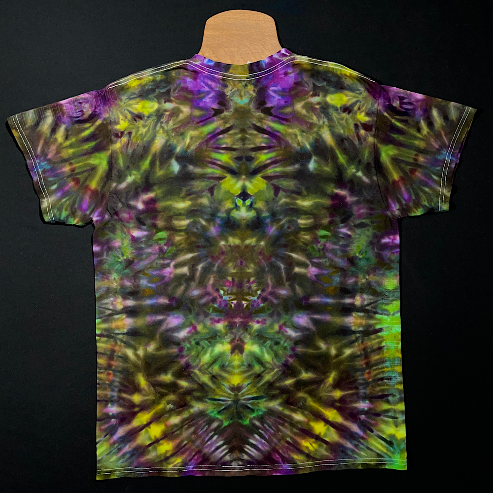 Back side of a third, different Psychedelic Mindscape ice dyed t-shirt design featuring a Halloween themed purple & green color scheme in an abstract, symmetrical, totem pole reminiscent pattern