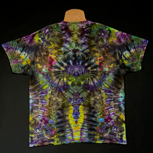 The back side of a fourth, different Psychedelic Hippieween ice tie dyed shirt design. An example of how much variation may occur between each hand-dyed to order, abstract, symmetrical green & purple Halloween themed color scheme.