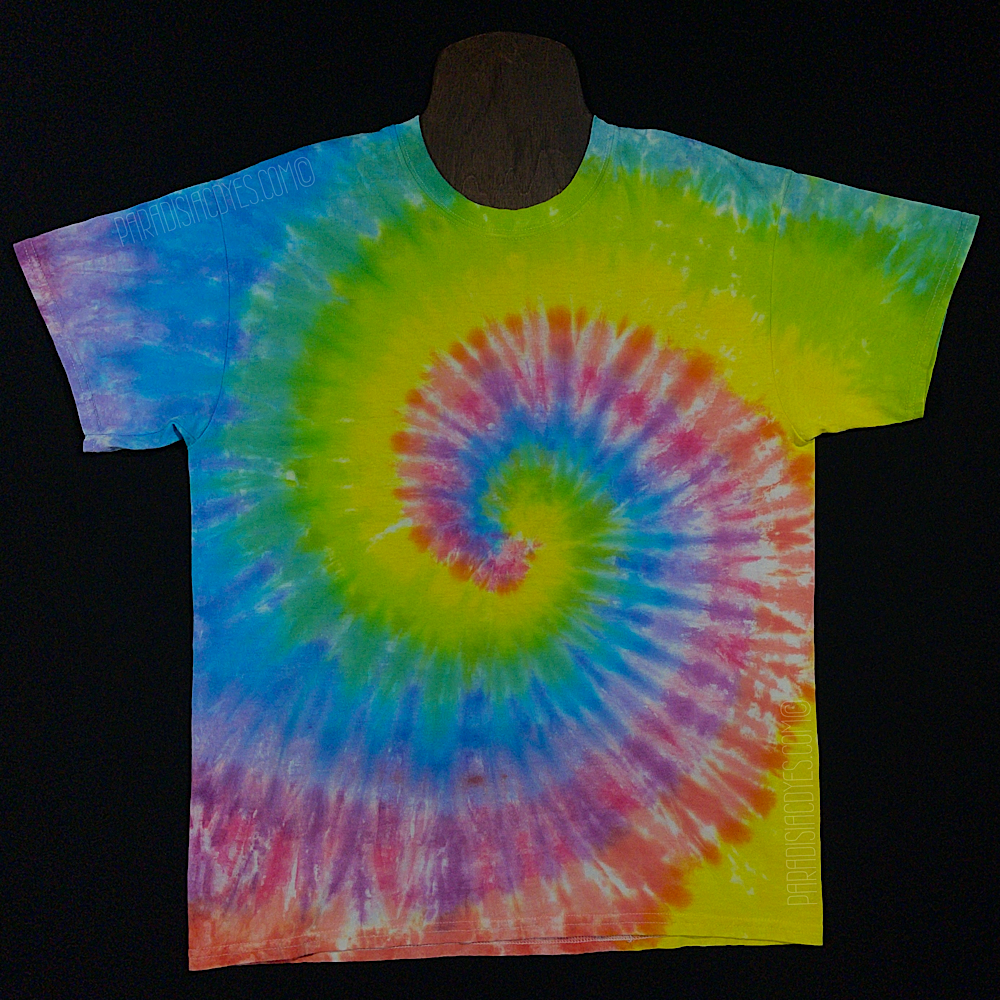 The retro pastel rainbow spiral tie dye shirt design; a handmade-to-order option available in all sizes which features: bubblegum pink, peach, bright yellow, lime green, mint and light sky blue shades