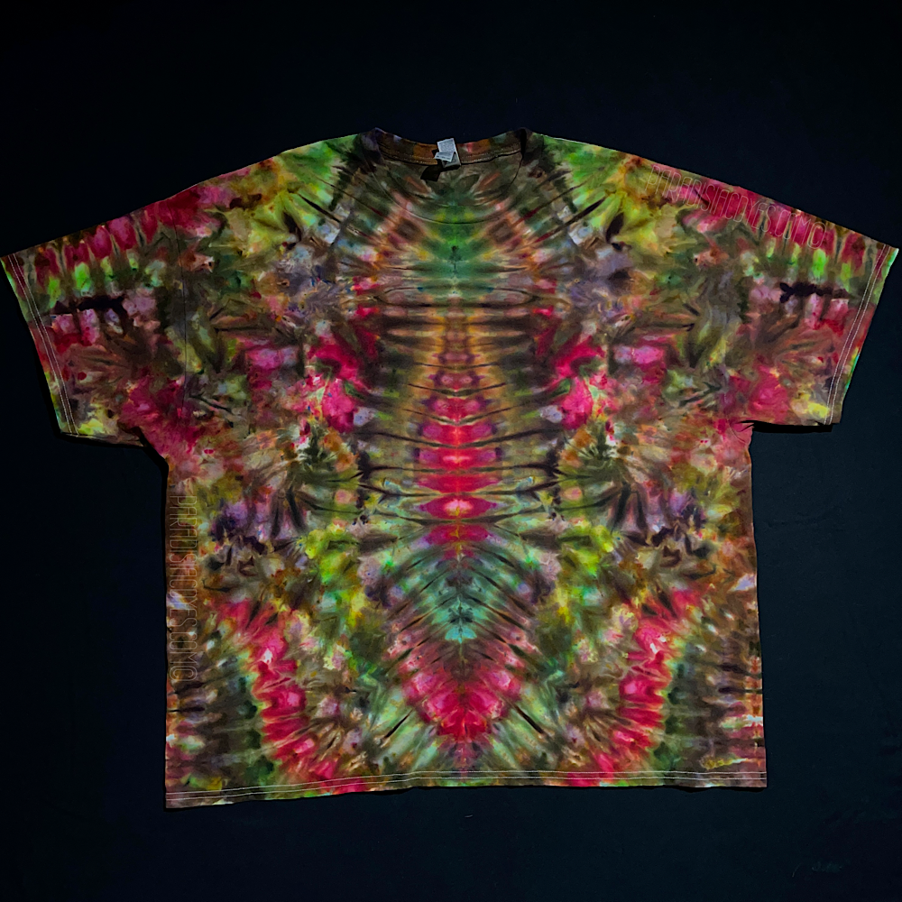 A handmade-to-order Christmas colored Merry Mindscape ice tie-dyed short sleeve shirt design on a size adult 3XL tee