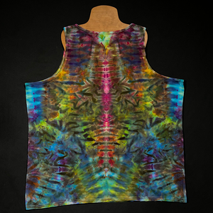 Back side of a men's ice tie-dyed tank top in an abstract, symmetrical ice tie-dyed design; laid flat on a solid black background 