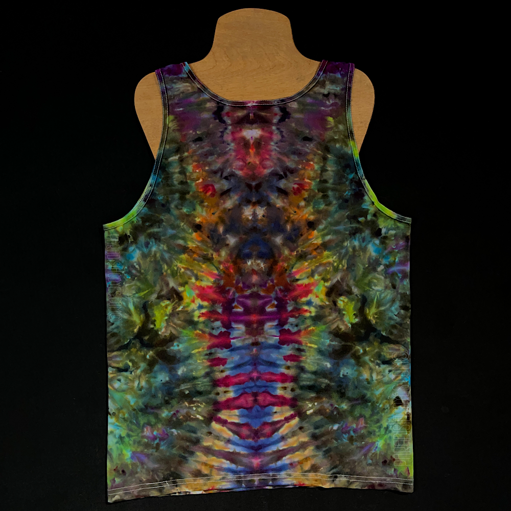 Back side of the same men's tank top featuring a dark, intense rainbow color scheme in an abstract, symmetrical, Psychedelic Mindscape ice tie-dyed design; laid flat on a solid black background