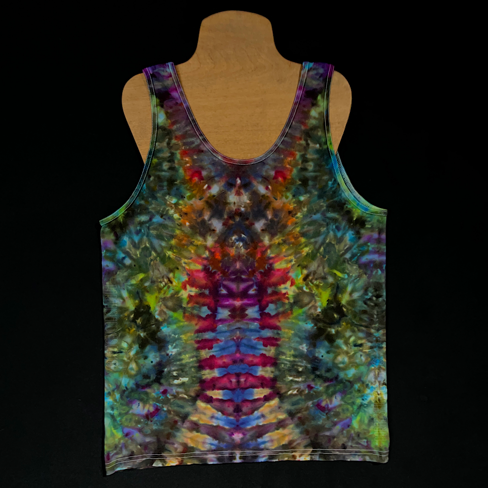 Front side of a Psychedelic Mindscape ice dye tank top in a dark rainbow color scheme; laid flat on a solid black background 