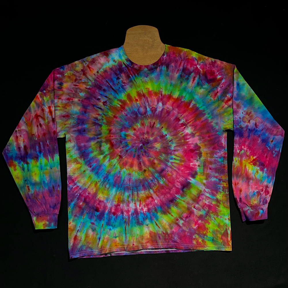 Another example of a hand-dyed, one-of-a-kind, Rainbow Confetti Long Sleeve Shirt design; which features a watercolor-like array of rainbow colors in a classic spiral