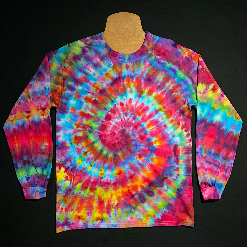 Another example of a hand-dyed, one-of-a-kind, Rainbow Confetti Long Sleeve Shirt design; which features a watercolor-like array of rainbow colors in a classic spiral