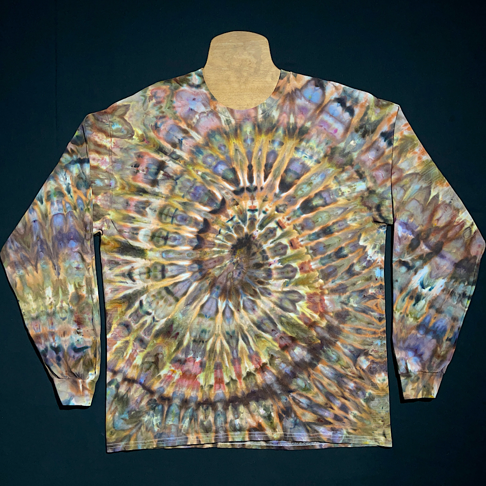 A brown & gray earthy toned long sleeve ice tie-dyed shirt design; laid flat on a solid black background.