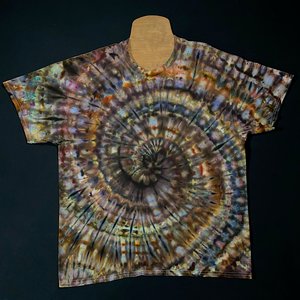 An example of another actual, finished Earthy Neutral Ice Dyed Spiral T-Shirt design before shipping; to depict how much each one-of-a-kind, handmade-to-order design may vary