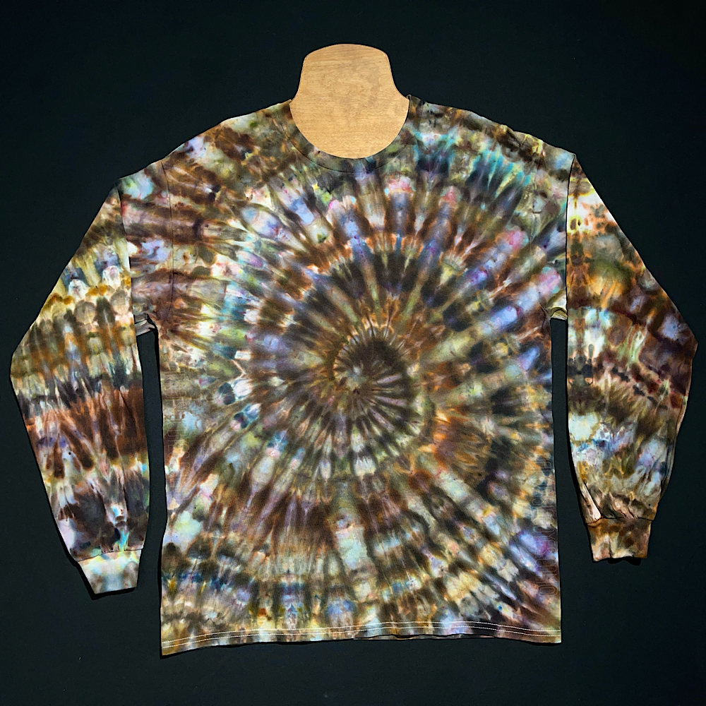 A brown & gray earthy toned long sleeve ice tie-dyed shirt design; laid flat on a solid black background.