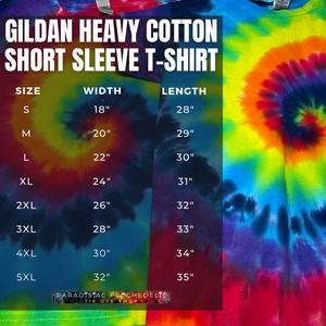 Gildan Heavy Cotton Short Sleeve T-Shirt size chart graphic with width by length measurements (in inches) for adult sizes small to 5XL, with a close up shot of two ROYGBIV rainbow spiral tie dye t-shirts in the background