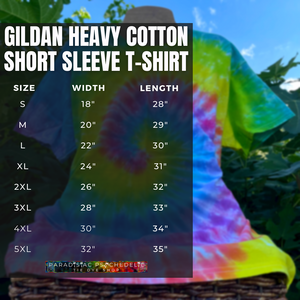 Gildan Heavy Cotton T-Shirt measurements for all adult sizes available for handmade-to-order tie dye designs (SM-5XL)