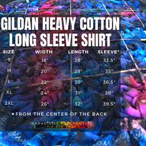 Gildan Heavy Cotton Long Sleeve Shirt size chart graphic with measurements for adult sizes Small to 2XL, with a cloud 9 marbled ice dye design in-the-making in the background