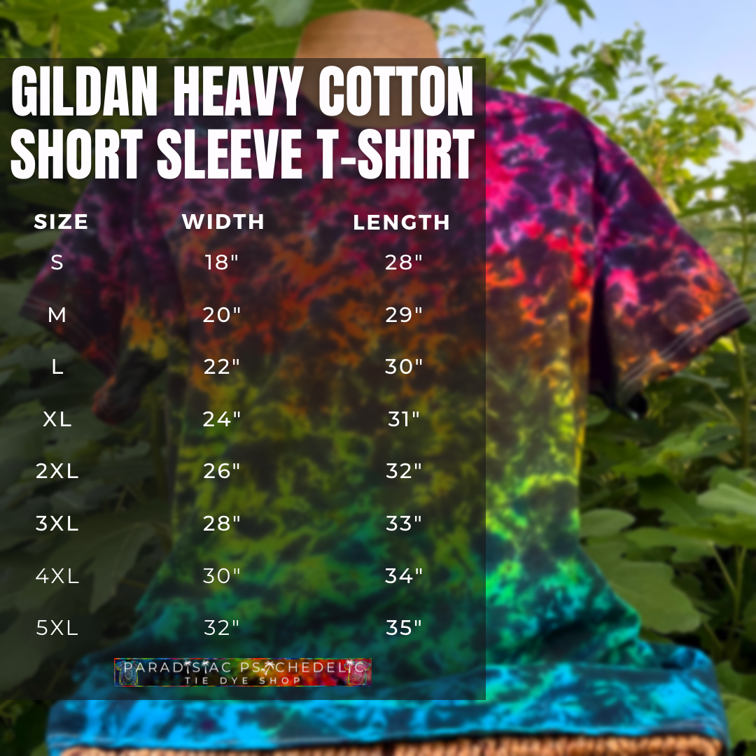 Gildan Heavy Cotton Short Sleeve T-Shirt size chart graphic with measurements for adult sizes small through 5XL