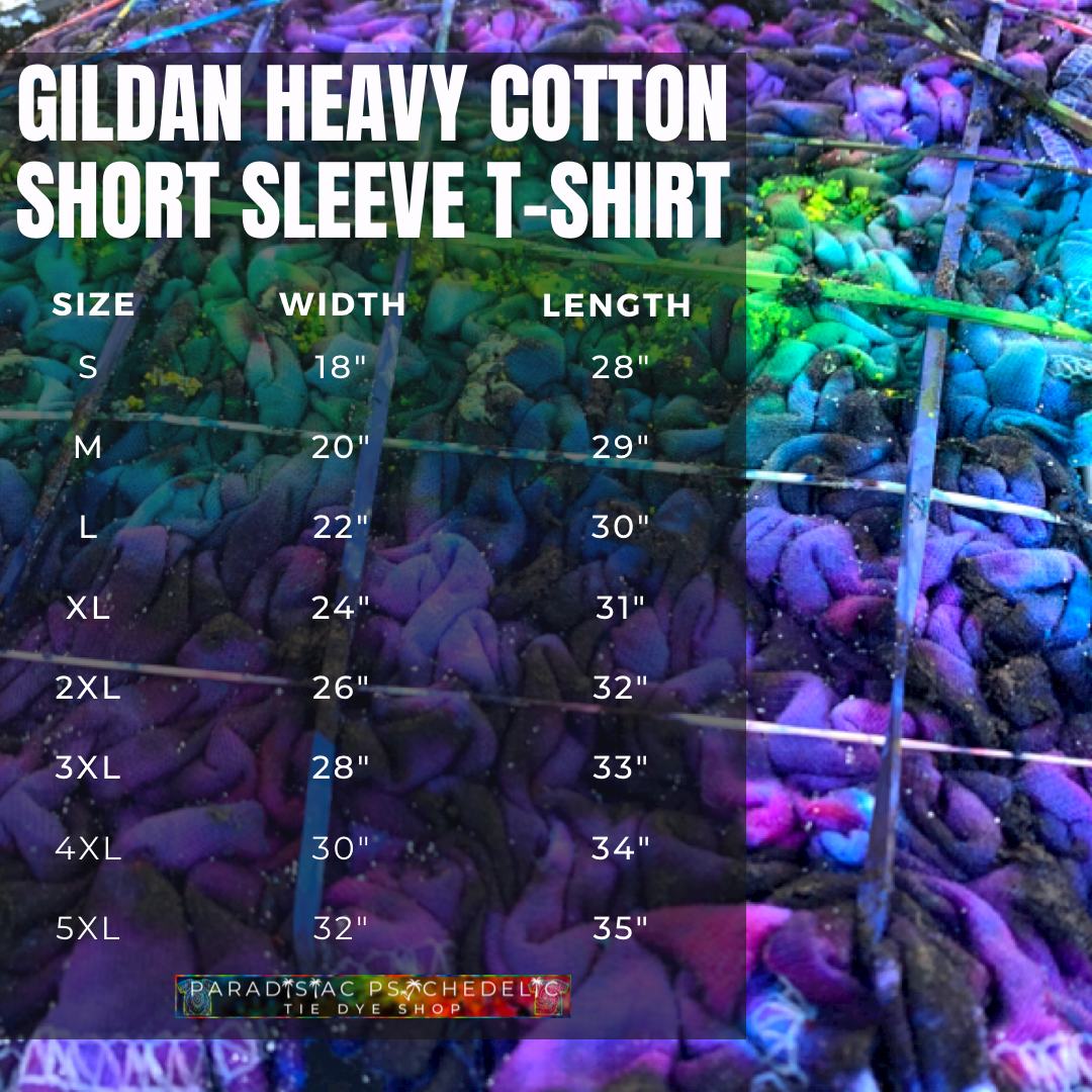 Gildan Heavy Cotton Short Sleeve Shirt size chart graphic with width x length measurements (in inches) for adult sizes small to 5XL, with a purple & mint green marbled ice dye splatter in-the-making in the background