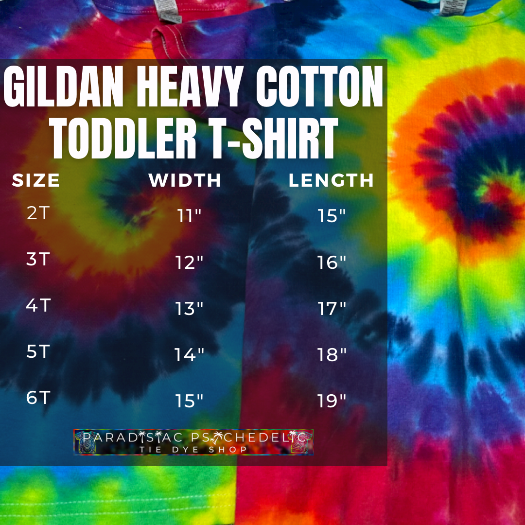 Gildan Heavy Cotton Toddler Short Sleeve T-Shirt size chart graphic with width by length measurements (in inches) for toddler sizes 2T-6T; with two ROYGBIV rainbow spiral tie dye tees in the background