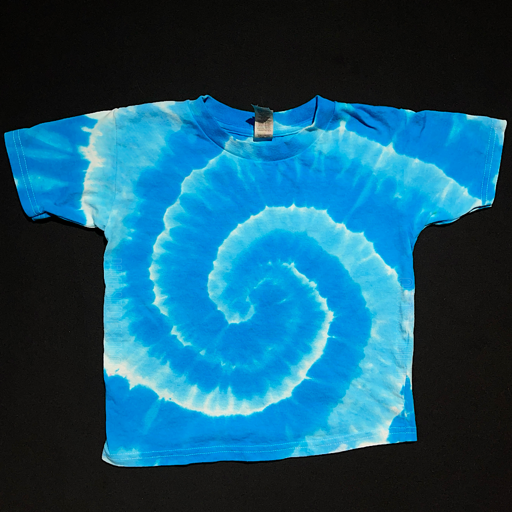 children's vibrant aqua blue spiral pattern short sleeve tie dye shirt, laid flat on a solid black background.