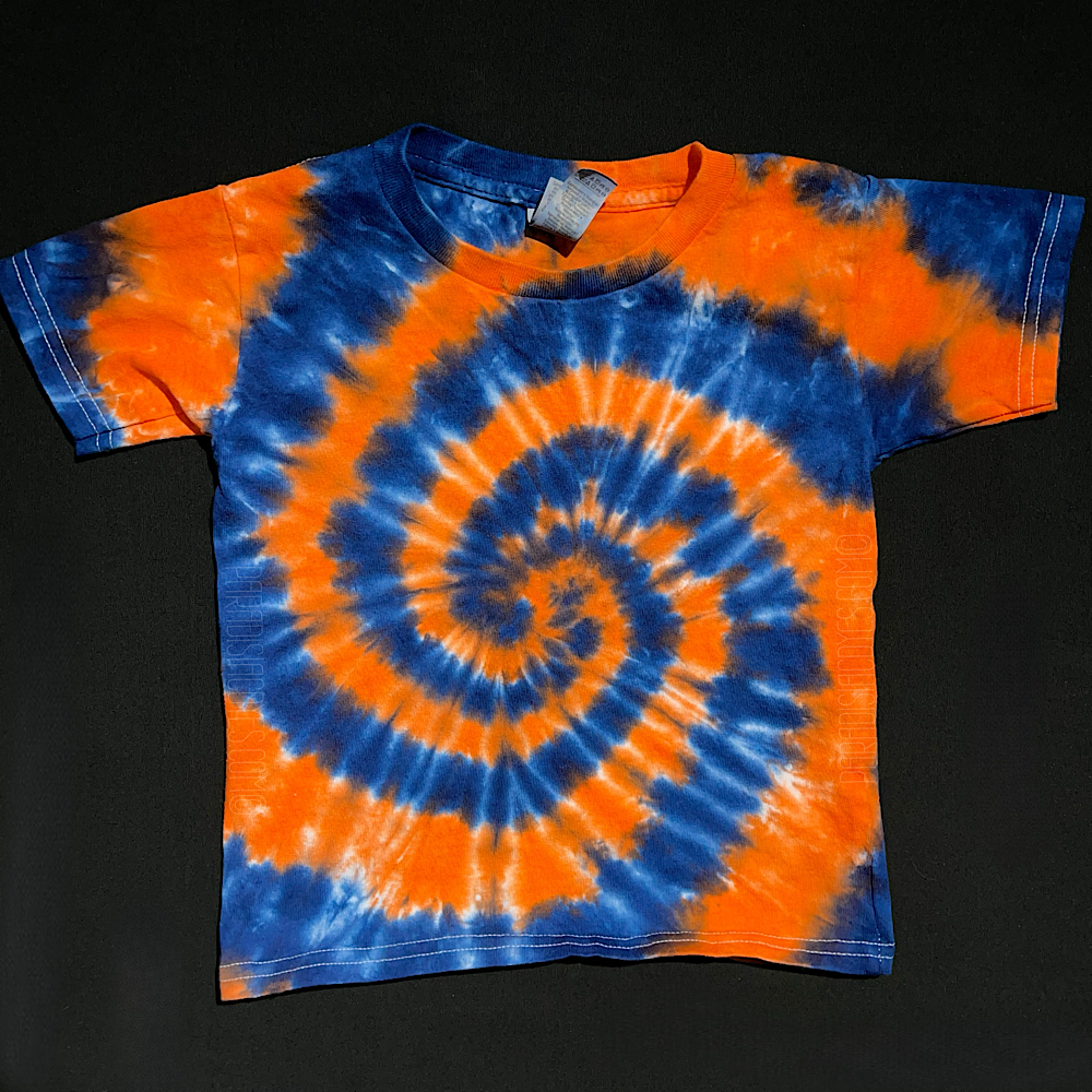 Toddler sized short sleeve tie dye t-shirt featuring Detroit Tigers inspired colors (orange & navy blue), in a classic spiral design 