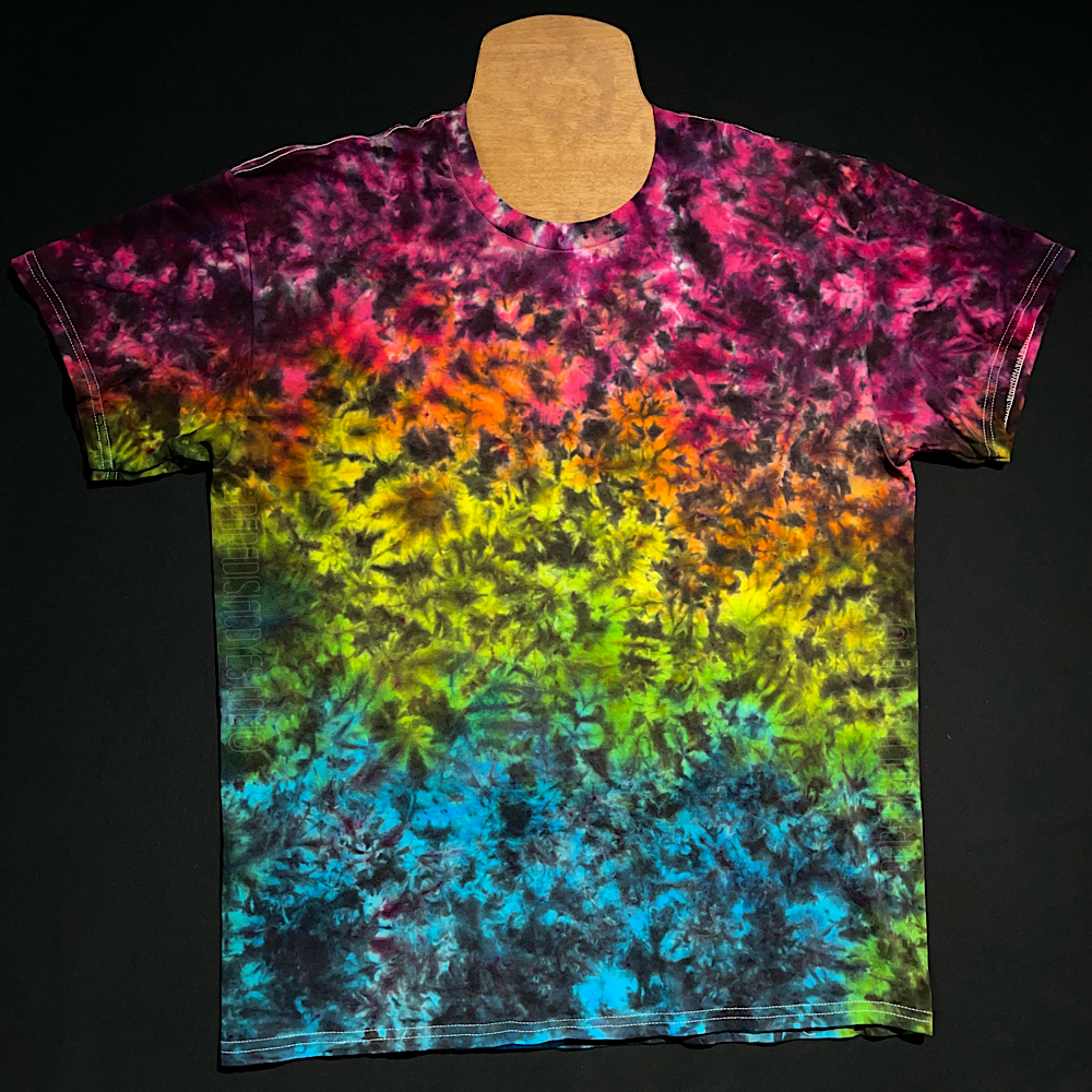 Front side of another, different finished Midnight Marbled Rainbow Ice Dyed tee
