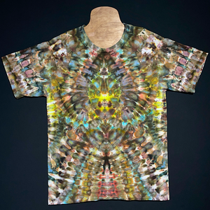 Abstract, symmetrical ice tie-dyed short sleeve tee with an earthy, natural color scheme.