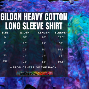 Size measurements for Gildan Heavy Cotton Adult Long Sleeve Shirt