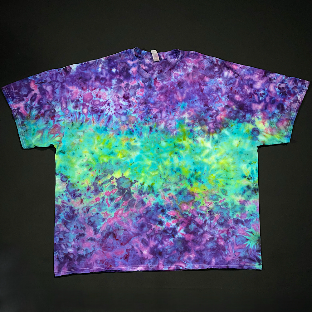 Front side of another, different purple & mint green marbled splatter pattern ice tie-dyed t-shirt design