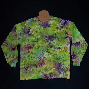 The finished results of yet another different Green & Purple weed bud inspired marbled splatter ice tie-dyed pattern long sleeve shirt; laid flat on a solid black background