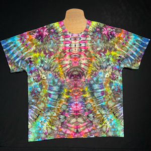 Front side of an abstract, symmetrical ice tie-dyed design featuring a vibrant pink-rainbow color scheme atop one-of-a-kind, pareidolia-inducing pattern.