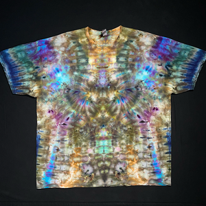 Front side of an abstract, symmetrical Psychedelic Mindscape ice tie-dyed design featuring a dreamy, mermaid inspired color scheme; laid flat on a solid black background.