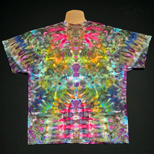 Back side of the same rainbow Psychedelic Mindscape t-shirt design in a size 2XL; laid flat on a solid black background.