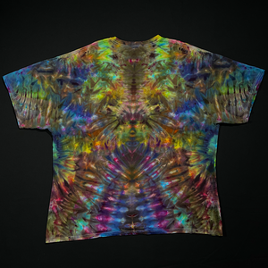 Back side of the same 3XL Dark Muted Rainbow Psychedelic Mindscape Ice Tie-dyed short sleeve shirt design; laid flat on a solid black background 