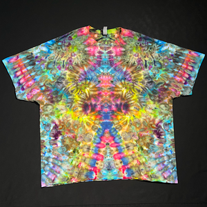 Front side of an abstract, symmetrical Psychedelic Mindscape ice tie-dyed design featuring a vivid, summery, rainbow color scheme in a totem pole reminiscent pattern.