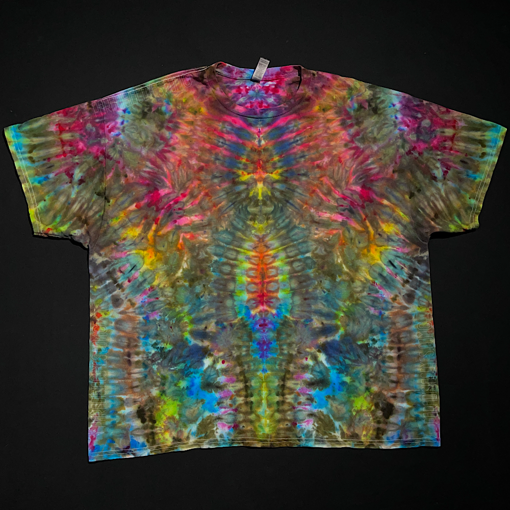 Front side of a vibrant, tropical rainbow ice tie-dyed t-shirt design, featuring an abstract, symmetrical design