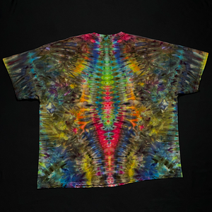 Back side of a symmetrical ice tie-dyed Psychedelic Mindscape short sleeve shirt; laid flat on a solid black background