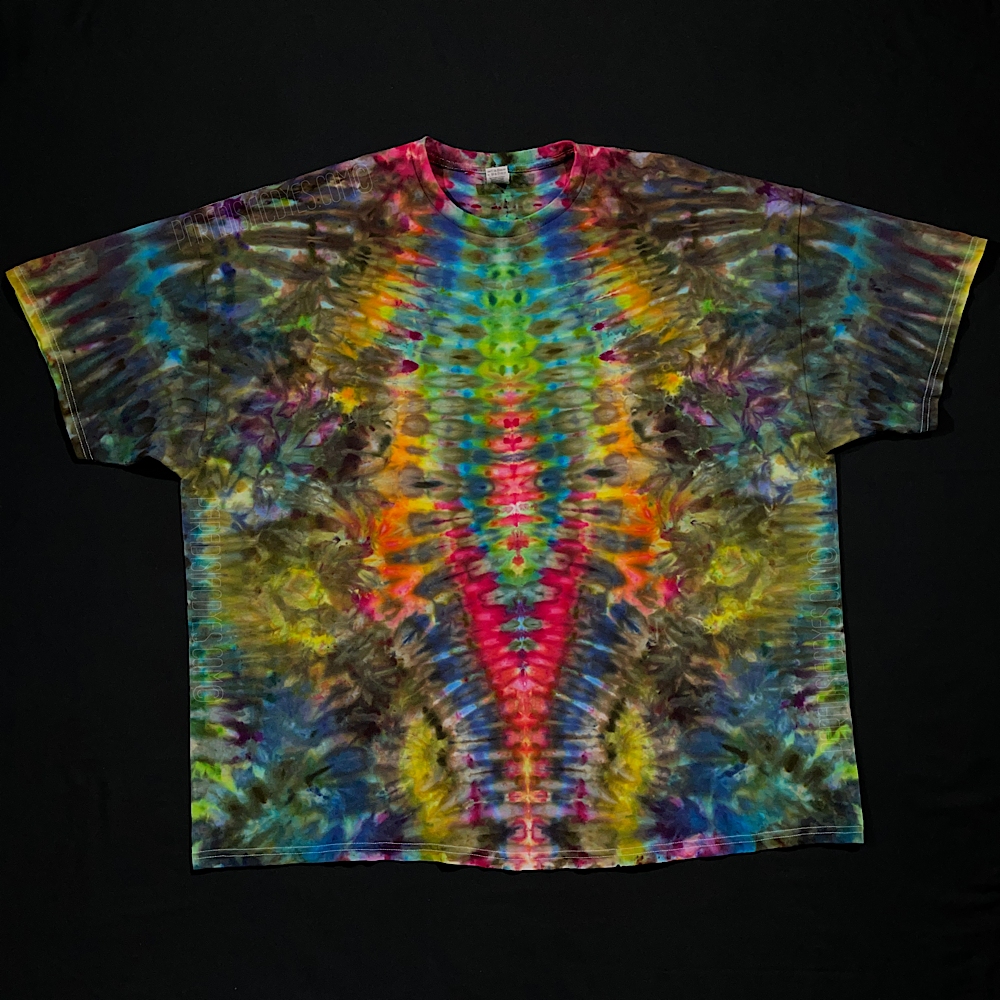 Front side of an abstract, symmetrical ice tie-dyed Psychedelic Mindscape design featuring vivid rainbow colors in a totem pole reminiscent pattern