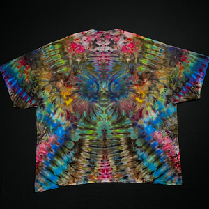 Back side of the same multicolored psychedelic mindscape ice tie-dyed short sleeve shirt design in a size adult 4XL; laid flat on a solid black background 