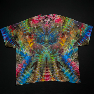 Front side of a psychedelic mindscape ice tie-dyed short sleeve t-shirt, featuring a multicolored rainbow color scheme in an abstract, symmetrical, totem pole reminiscent pattern