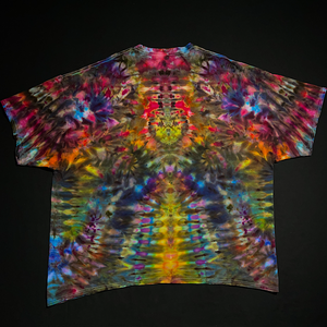 Back side of the same size 4XL tropical rainbow psychedelic mindscape ice tie-dyed short sleeve t-shirt design; laid flat on a solid black background m