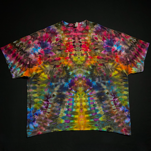 Front side of a size 4XL abstract, symmetrical Psychedelic Mindscape ice tie-dyed short sleeve shirt; featuring intensely vibrant rainbow colors in a totem pole reminiscent pattern