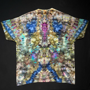 Back side of a one-of-a-kind, abstract, symmetrical ice tie-dyed design featuring a pareidolia-inducing pattern with a captivatingly unique color scheme; laid flat on a solid black background.