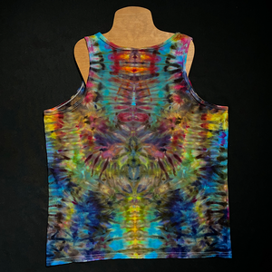 Back side of the same rainbow Psychedelic Mindscape men's ice tie-dyed tank top design; laid flat on a solid black background 