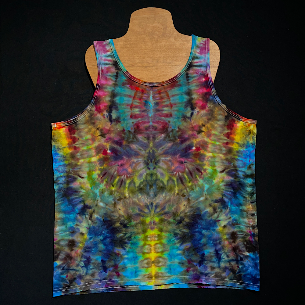 Front side of a rainbow colored Psychedelic Mindscape; an abstract, symmetrical ice tie-dyed design