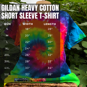 Gildan Heavy Cotton Short Sleeve T-Shirt size chart graphic listing measurements for adult sizes SM-5XL.