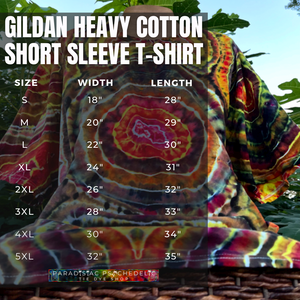 Gildan Heavy Cotton Short Sleeve T-Shirt size chart graphic listing measurements for adult sizes SM-5XL.