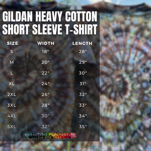 Gildan Heavy Cotton Short Sleeve T-Shirt size chart graphic listing measurements for adult sizes SM-5XL.