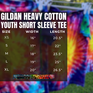 Gildan Heavy Cotton Short Sleeve T-Shirt size chart graphic listing measurements for youth sizes XS-XL.