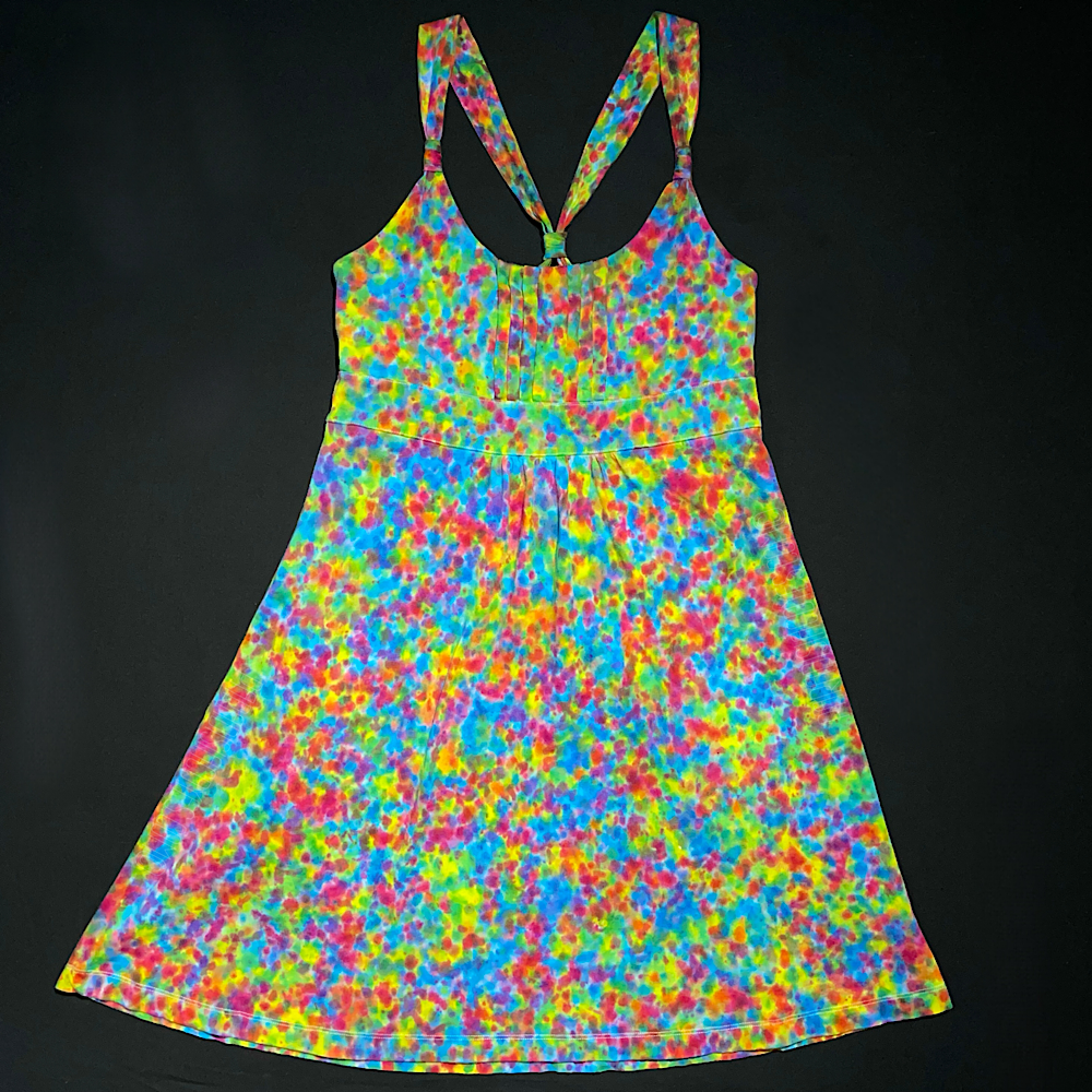 Front side of a size women's large upcycled American Eagle halter dres, hd in a one-of-a-kind speckled splatter tie dye pattern