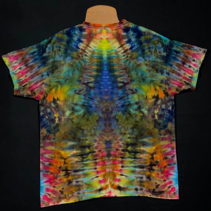 Back side of the same Psychedelic Mindscape ice tie-dyed shirt; featuring a Psychedelic Mindscape symmetrical pattern with muted, dull rainbow colors